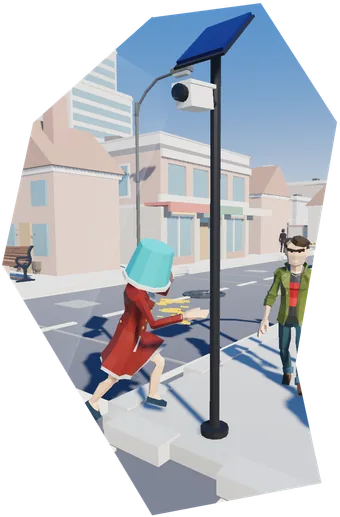 A player in a bucket helmet punching a security camera pole on a city street