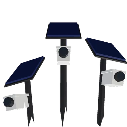 Three solar-powered security cameras on poles