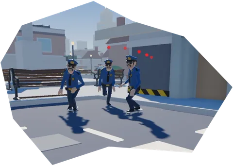 Three police officers giving chase on skateboards
